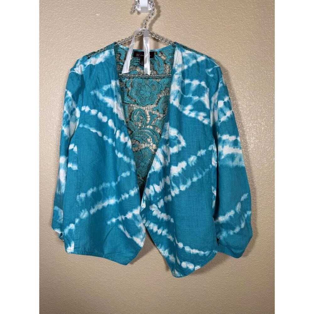 INC International Concepts Open Front Sz XL TieDye Lace Back Ruched Linen Jacket